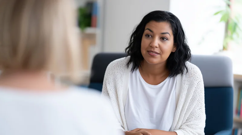 Woman in white cardigan seated in office library listening attentively during therapy session