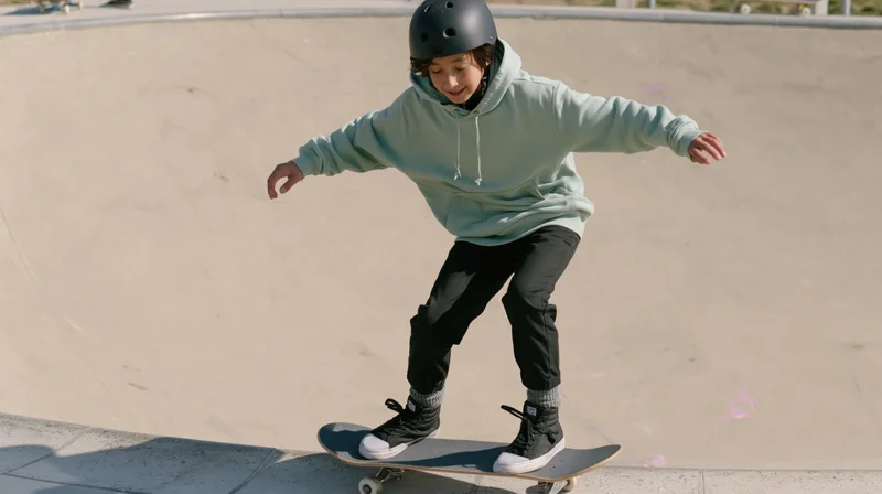 Child skateboarding out of a concrete skate bowl wearing a helmet and hoodie
