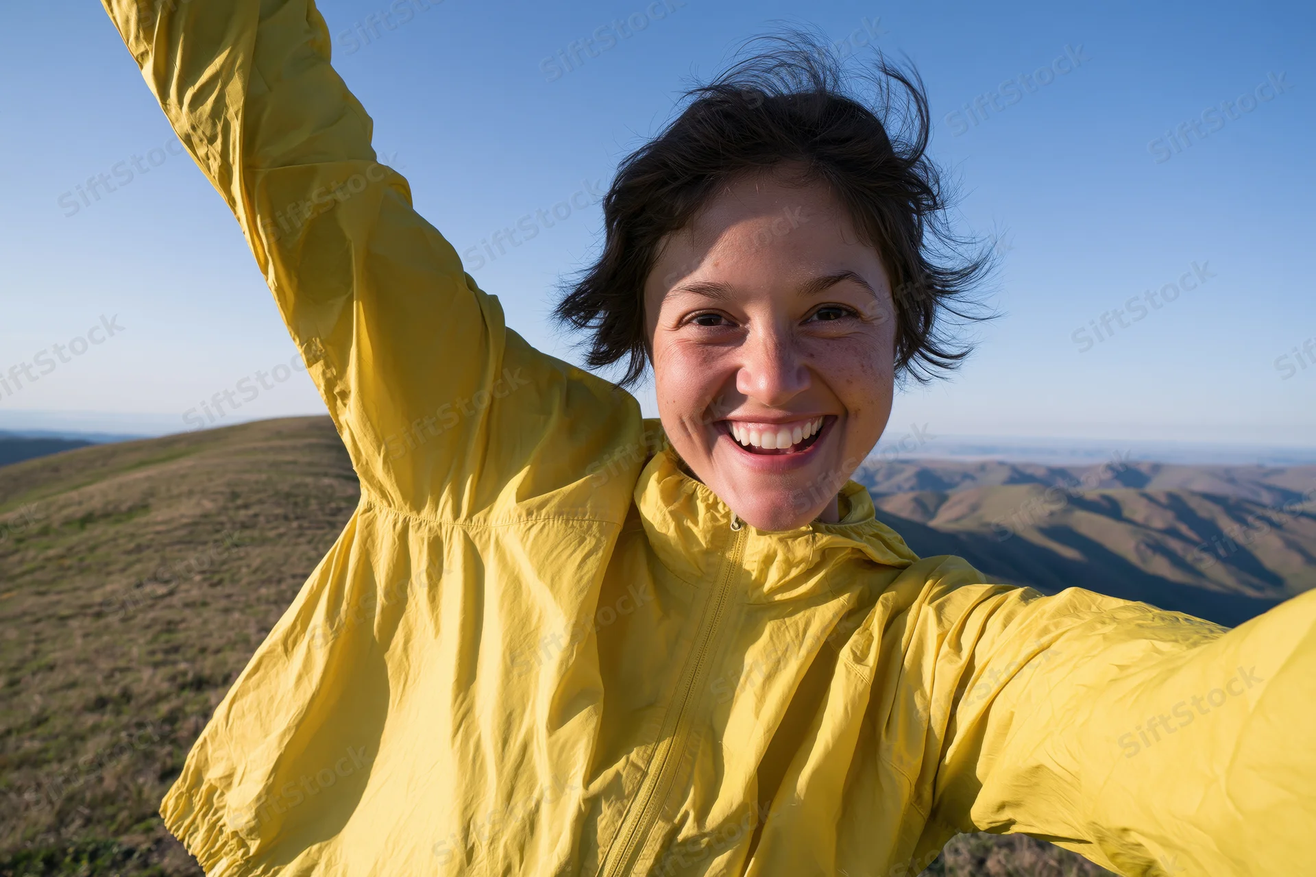 Woman smiling in yellow jacket on mountain summit with arms raised, overlooking hills and sky
