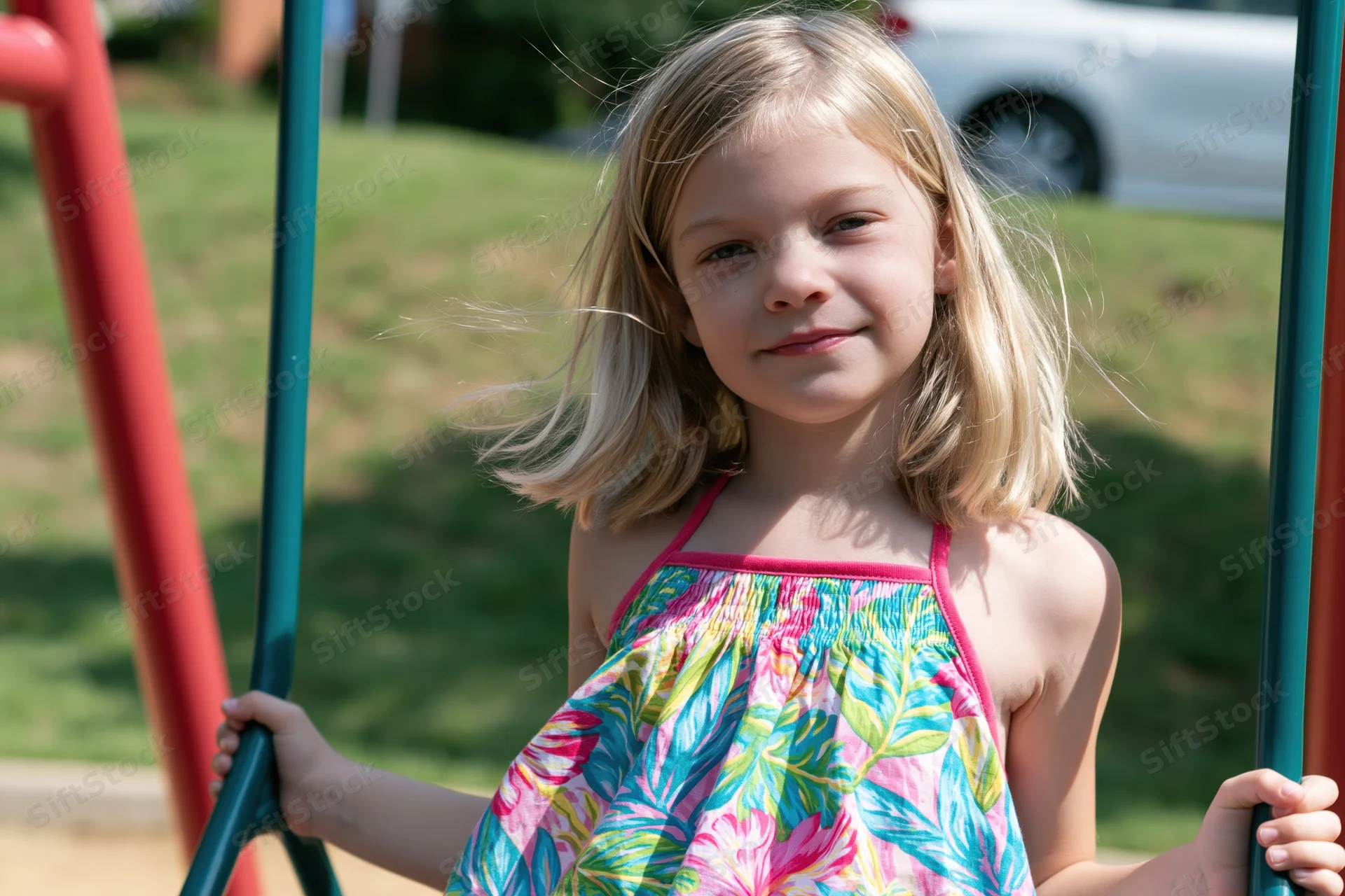 Young girl smiling on a playground swing outdoors in summer