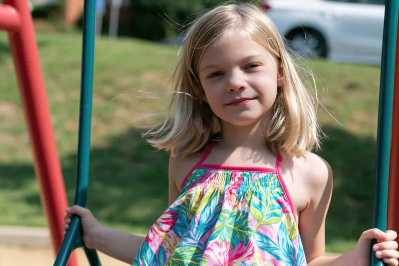 Young girl smiling on a playground swing outdoors in summer
