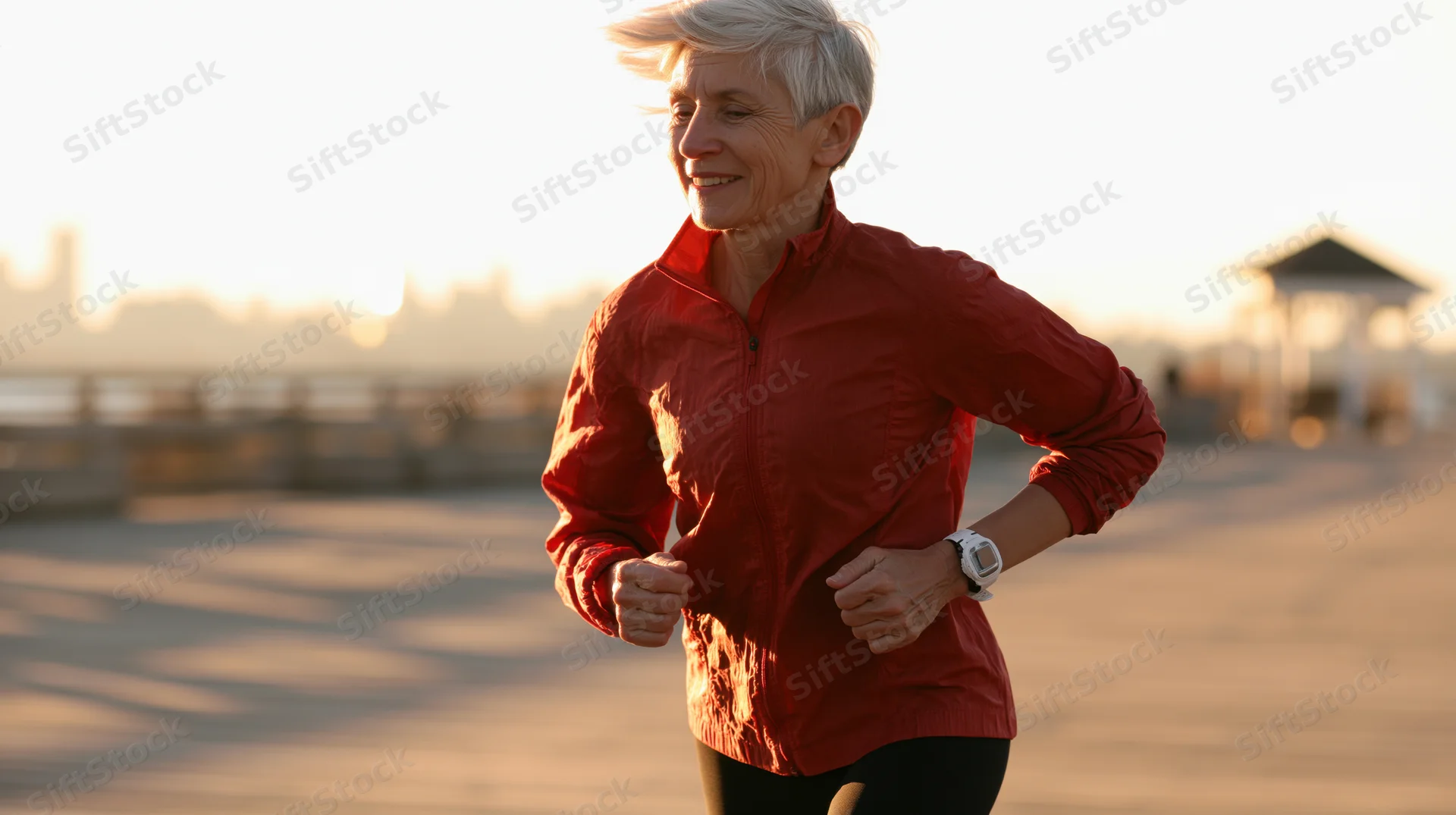 Senior woman running outdoors in red jacket during sunrise on paved path