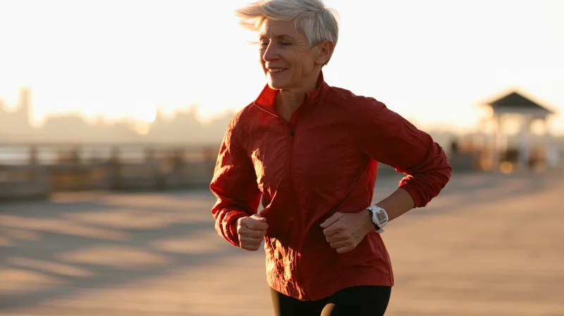 Senior woman running outdoors in red jacket during sunrise on paved path