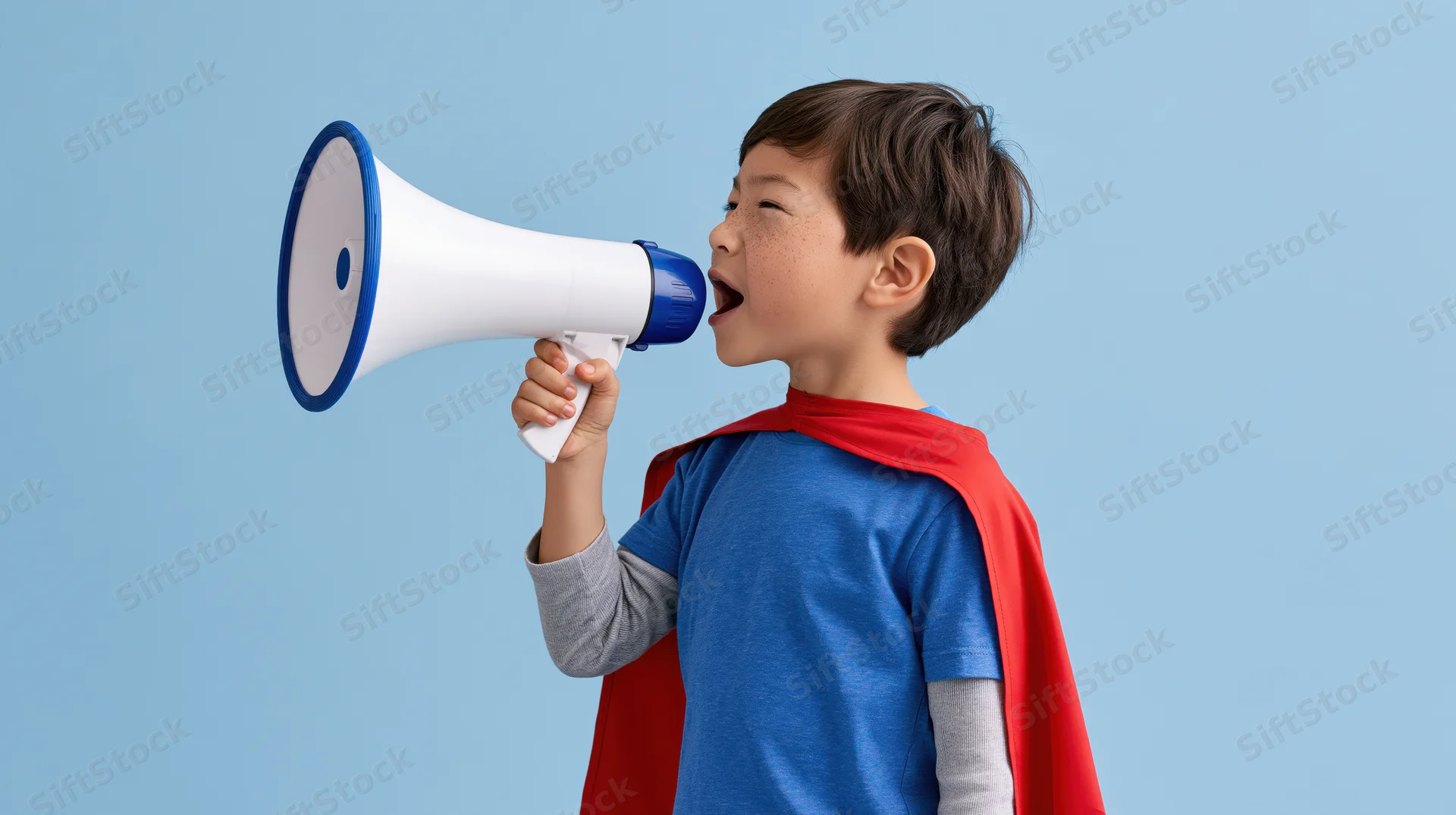 Young boy in red cape shouting into megaphone against blue background