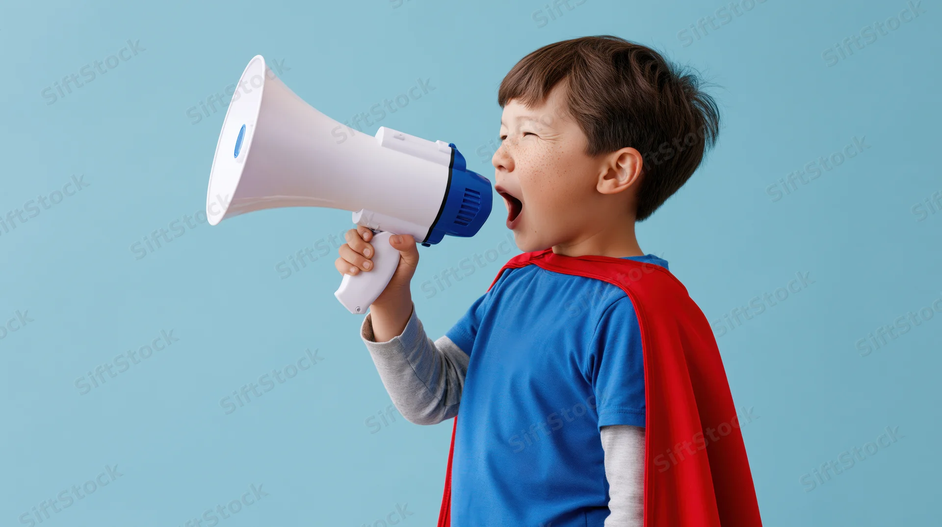 Young boy in red cape shouting into white megaphone against blue background