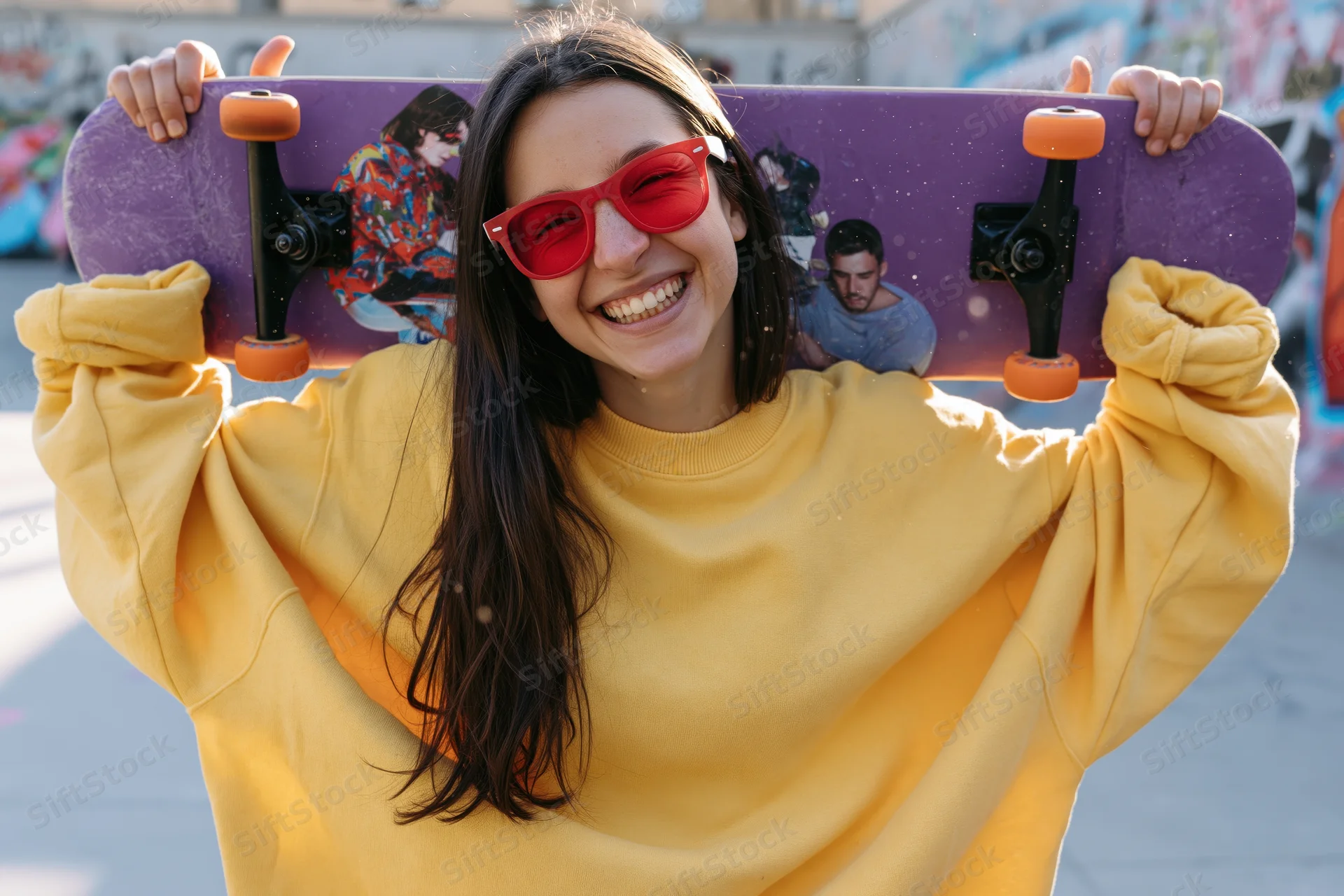 Young woman smiling while holding skateboard over her head in urban street setting