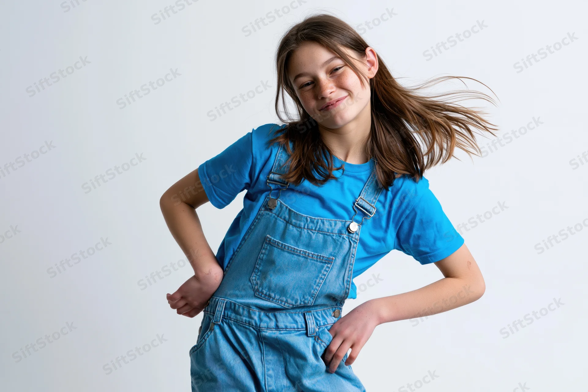 Girl in blue denim overalls and tshirt posing mid-tilt with hands on hips against white background