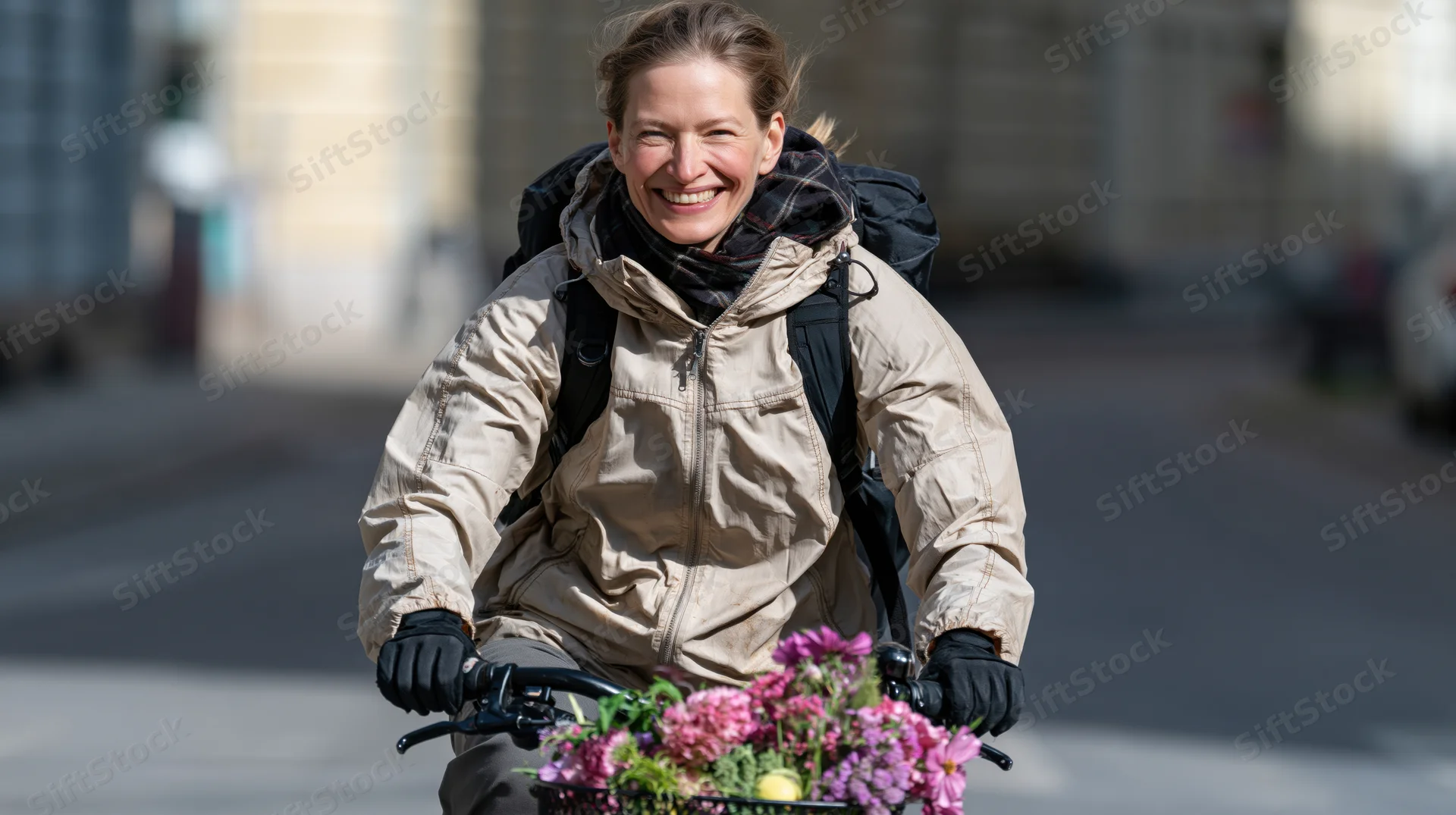 Smiling woman riding bicycle with flower basket in city street