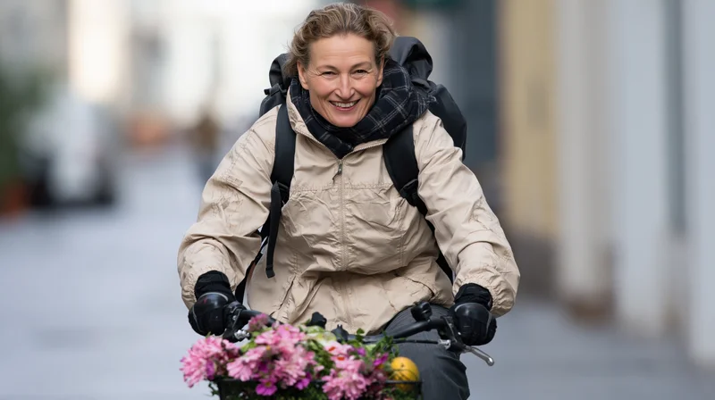 Smiling woman riding bicycle with flower basket in city street