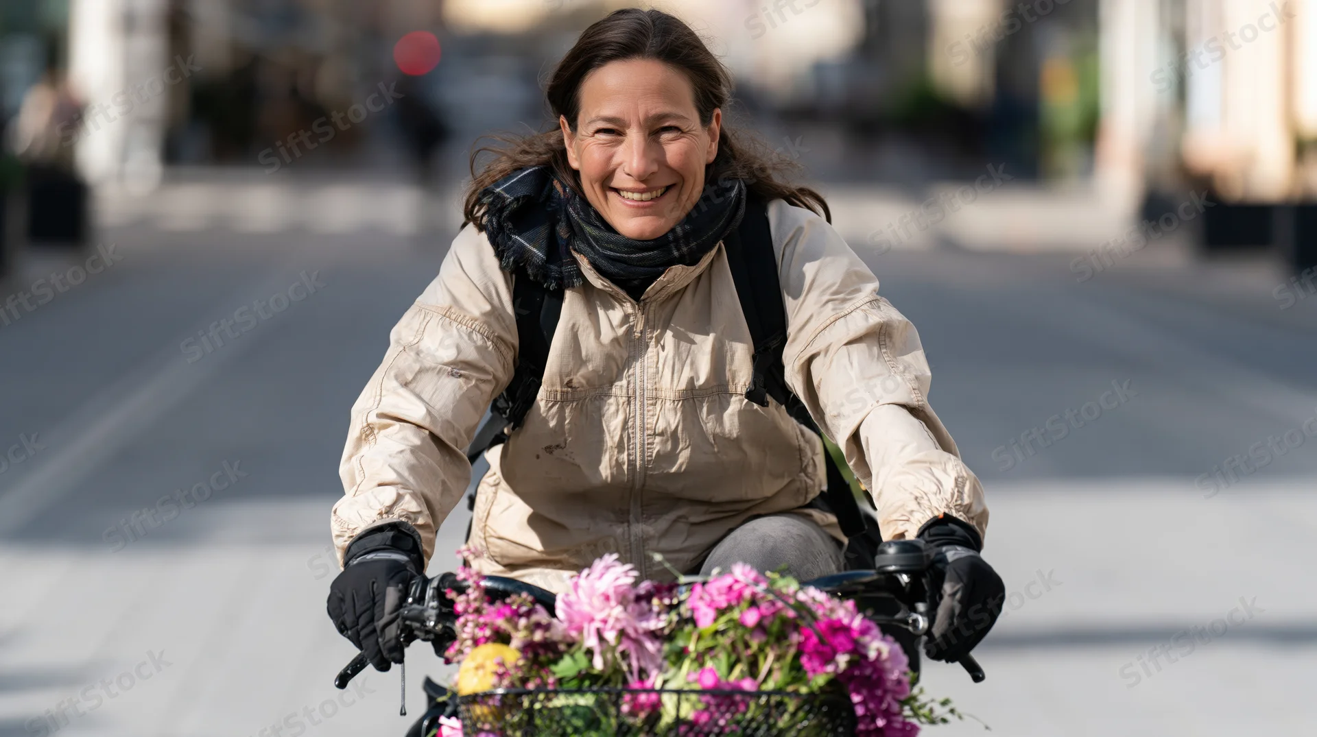 Smiling woman riding bicycle with flower basket on city street