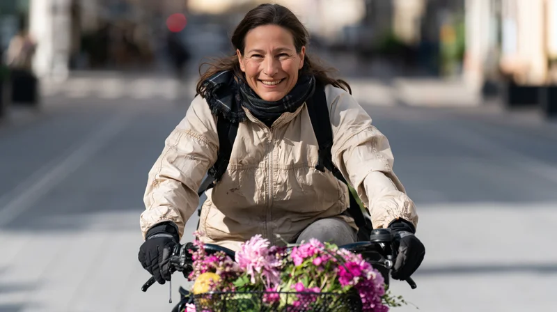 Smiling woman riding bicycle with flower basket on city street