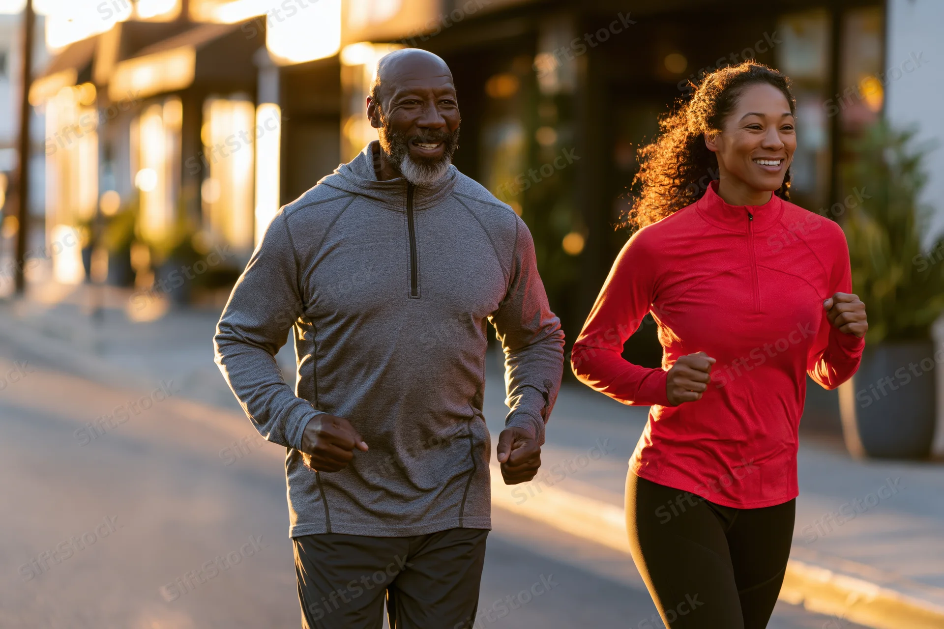 Older african american couple jogging together on a city sidewalk at golden hour