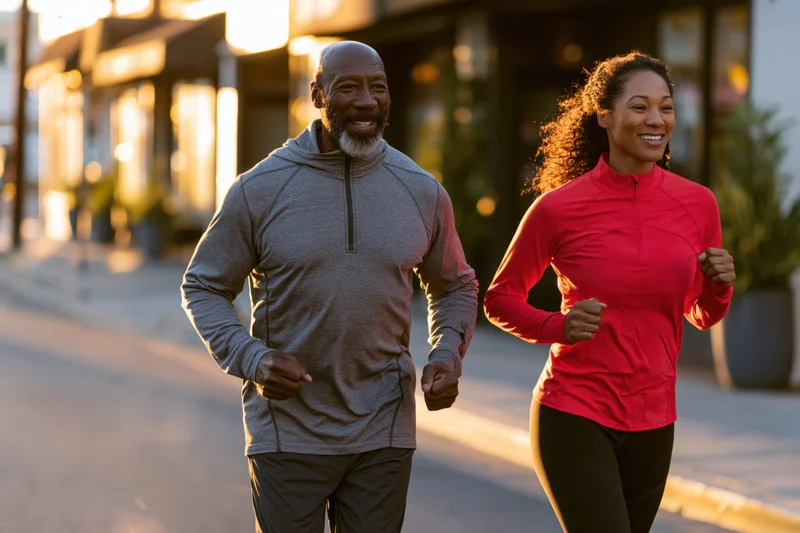 Older african american couple jogging together on a city sidewalk at golden hour