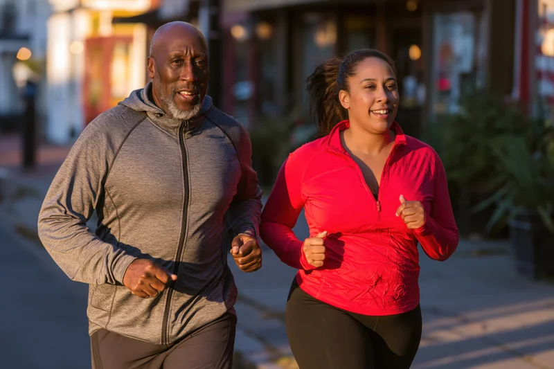 Older african american man and woman jogging together on a city sidewalk