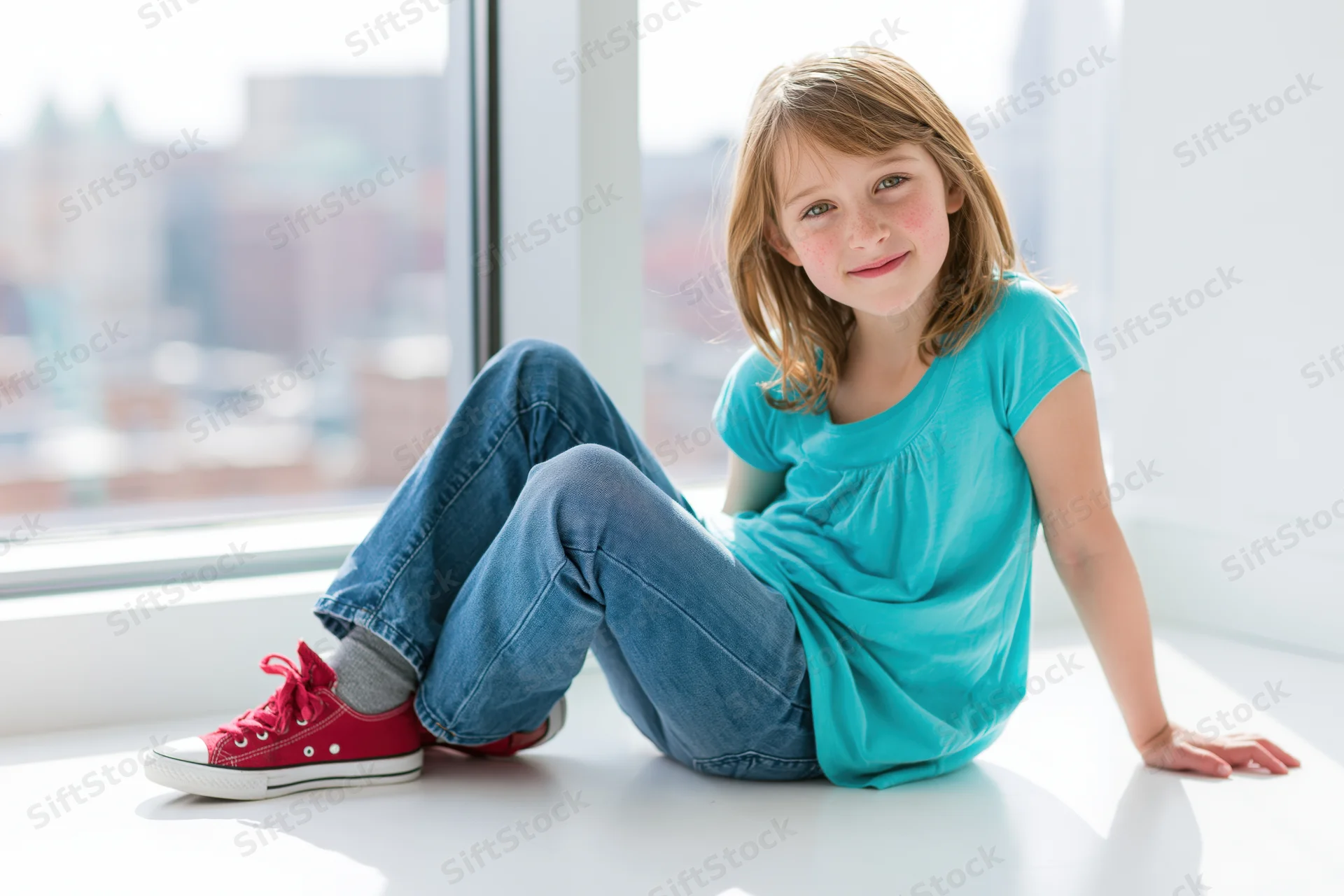 Young girl sitting on the floor by a window smiling in casual clothes