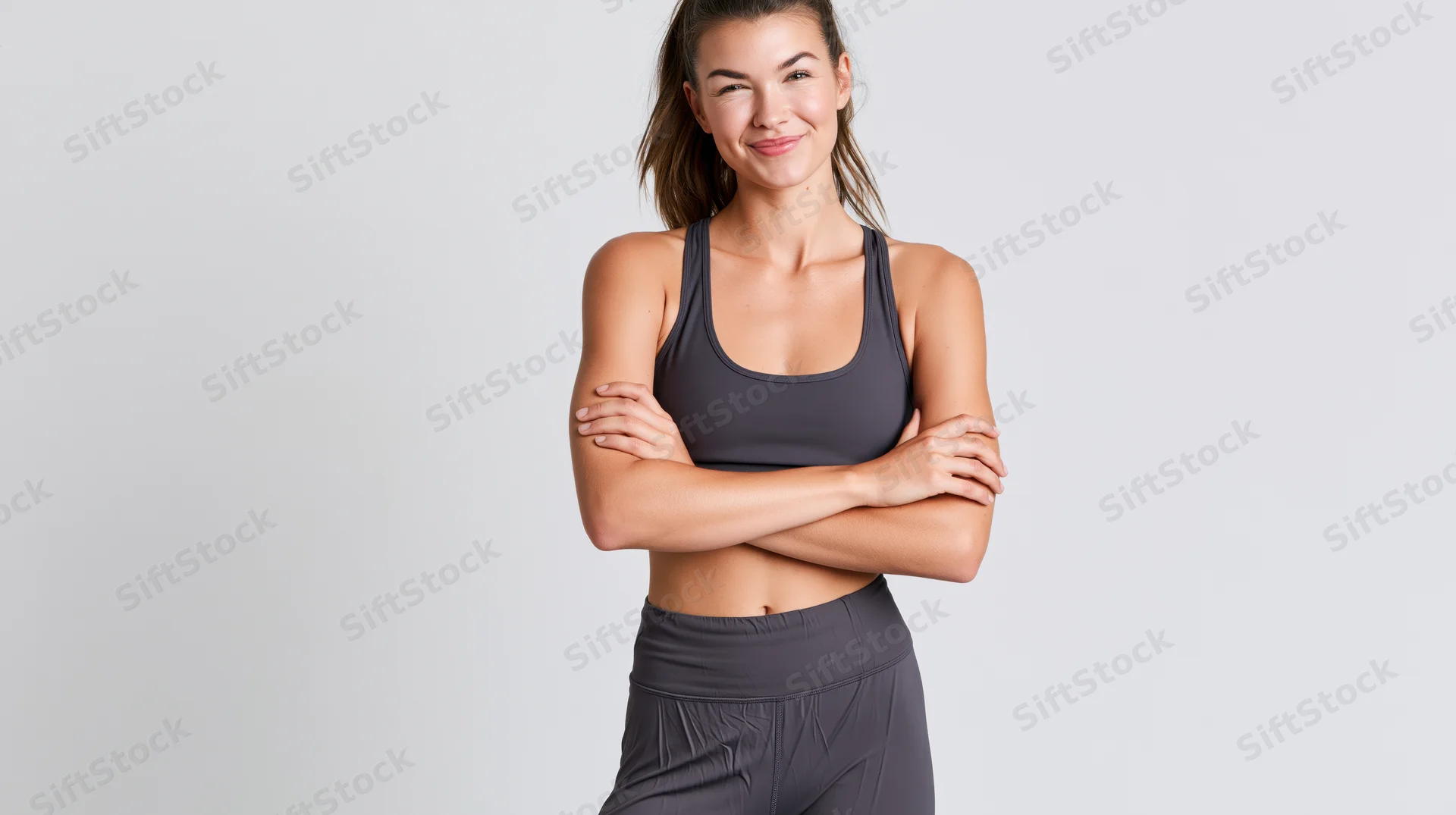 Young athletic woman standing with arms crossed in sportswear against white background