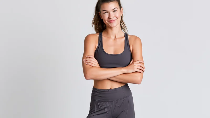 Young athletic woman standing with arms crossed in sportswear against white background