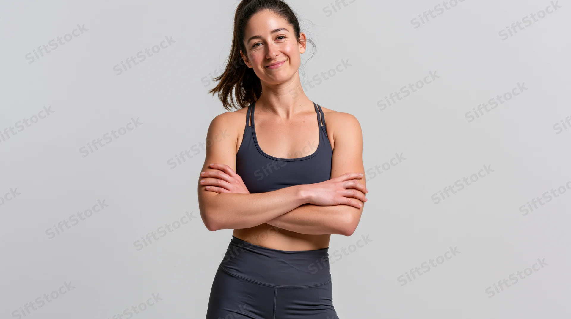 Young athletic woman standing with arms crossed in sportswear against a neutral studio background