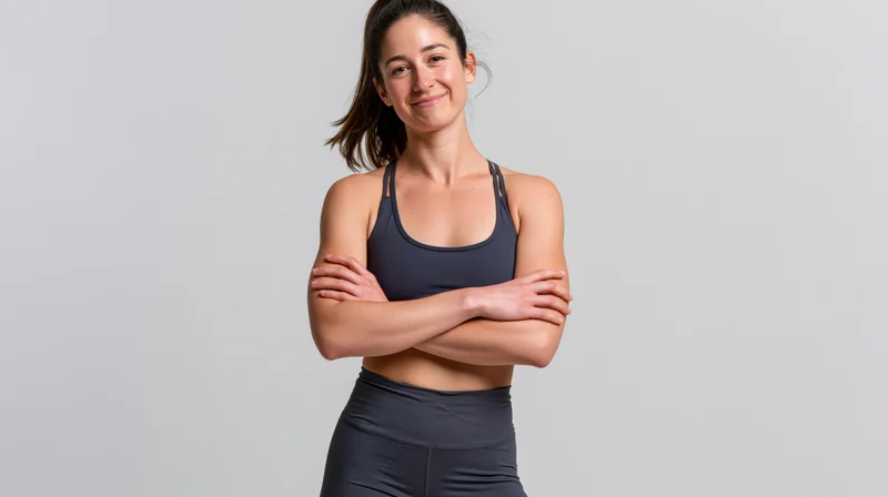 Young athletic woman standing with arms crossed in sportswear against a neutral studio background