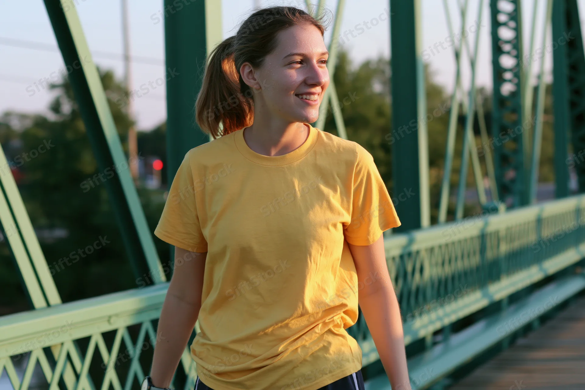Young woman smiling while walking on a green metal truss bridge outdoors