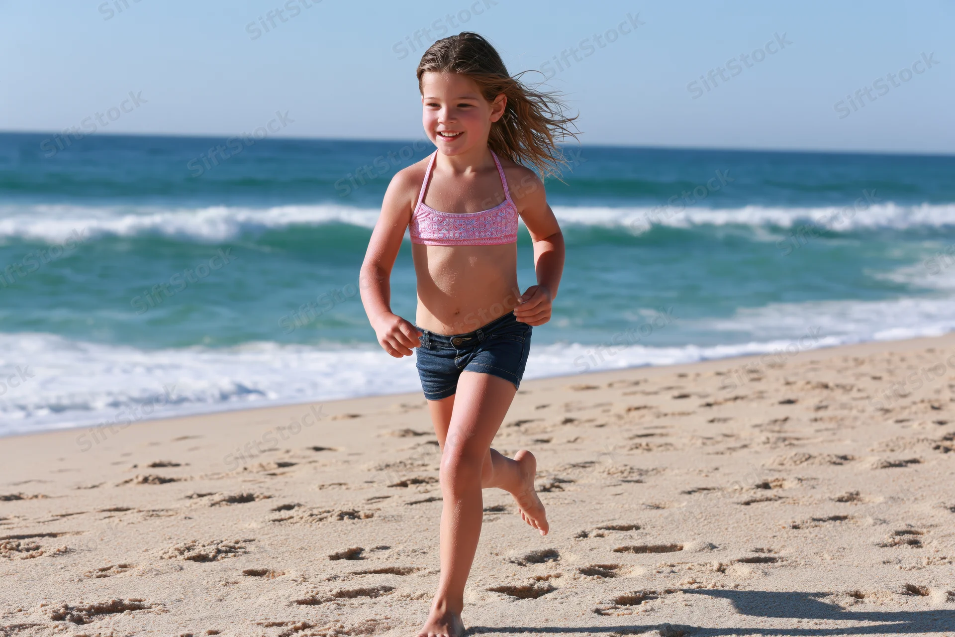 Young girl running barefoot on sandy beach near ocean waves