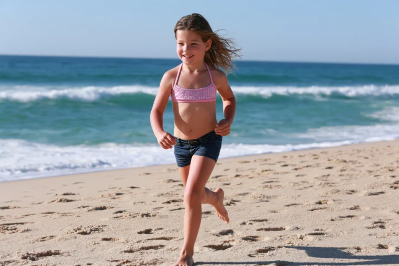 Young girl running barefoot on sandy beach near ocean waves