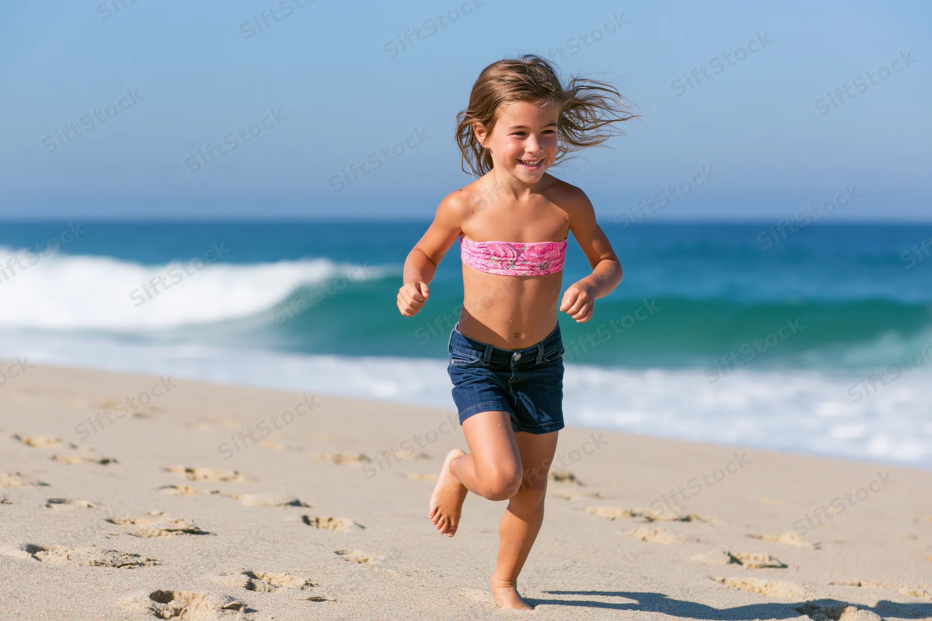 Young girl running barefoot on sandy beach with ocean waves in background