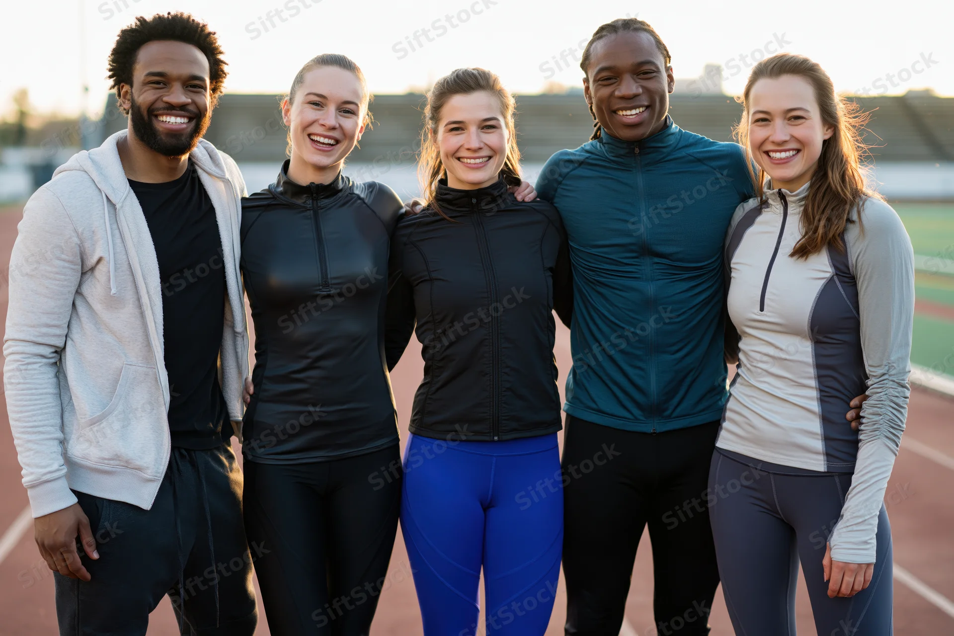 Five smiling athletes in sportswear posing together on an outdoor track field