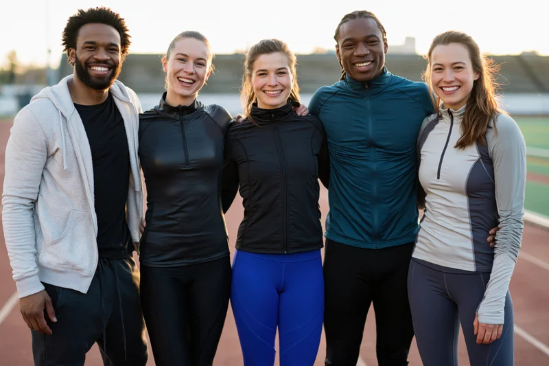 Five smiling athletes in sportswear posing together on an outdoor track field