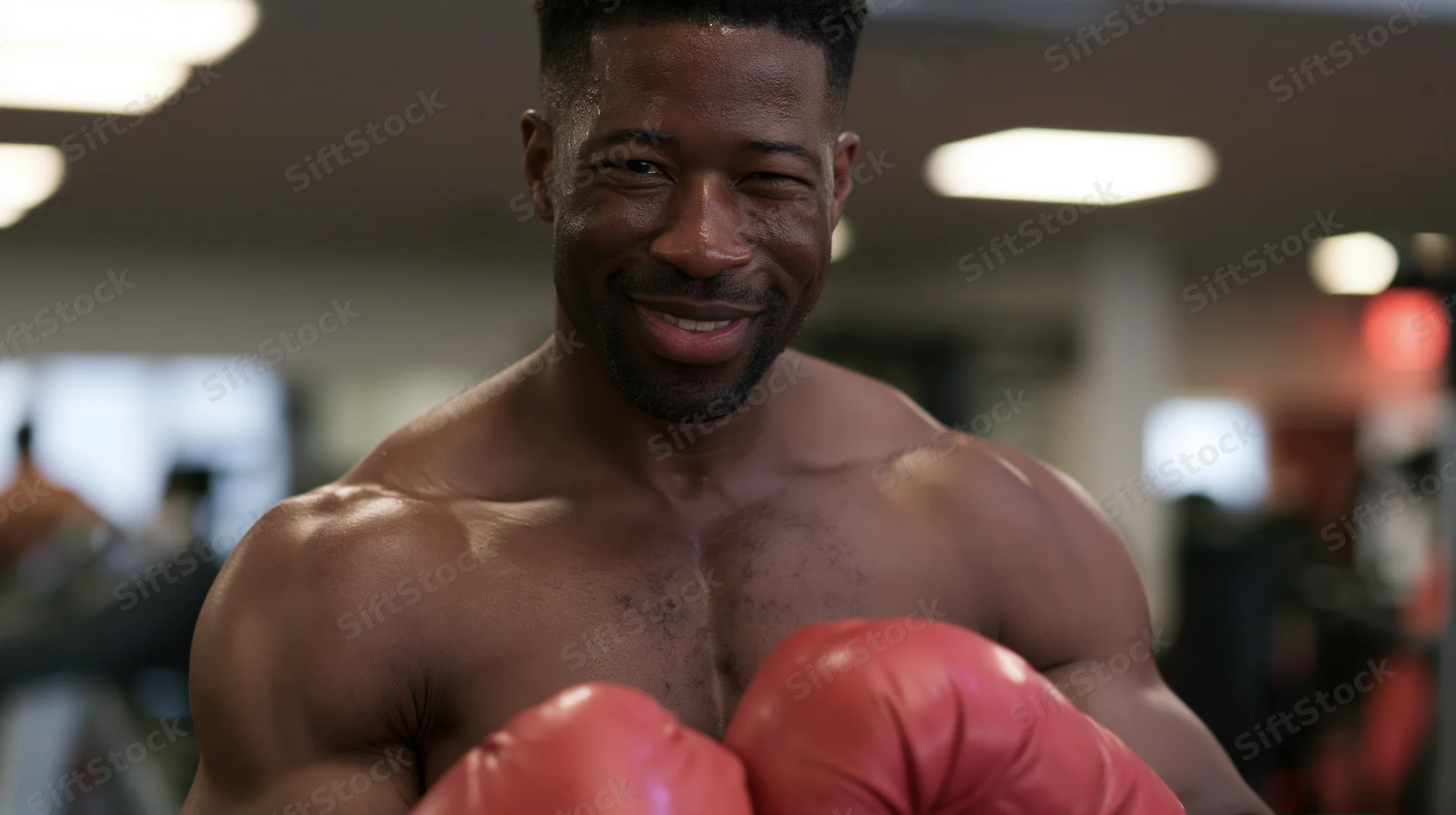 Muscular black man smiling with red boxing gloves in gym