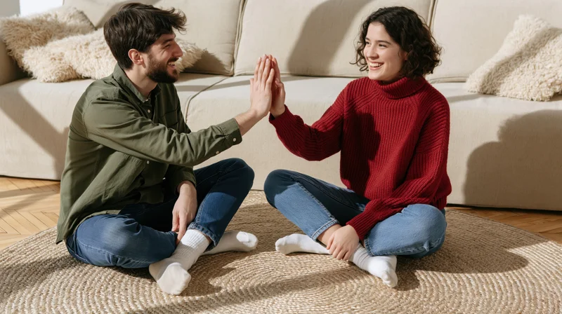 Couple sitting on rug in living room high-fiving and smiling