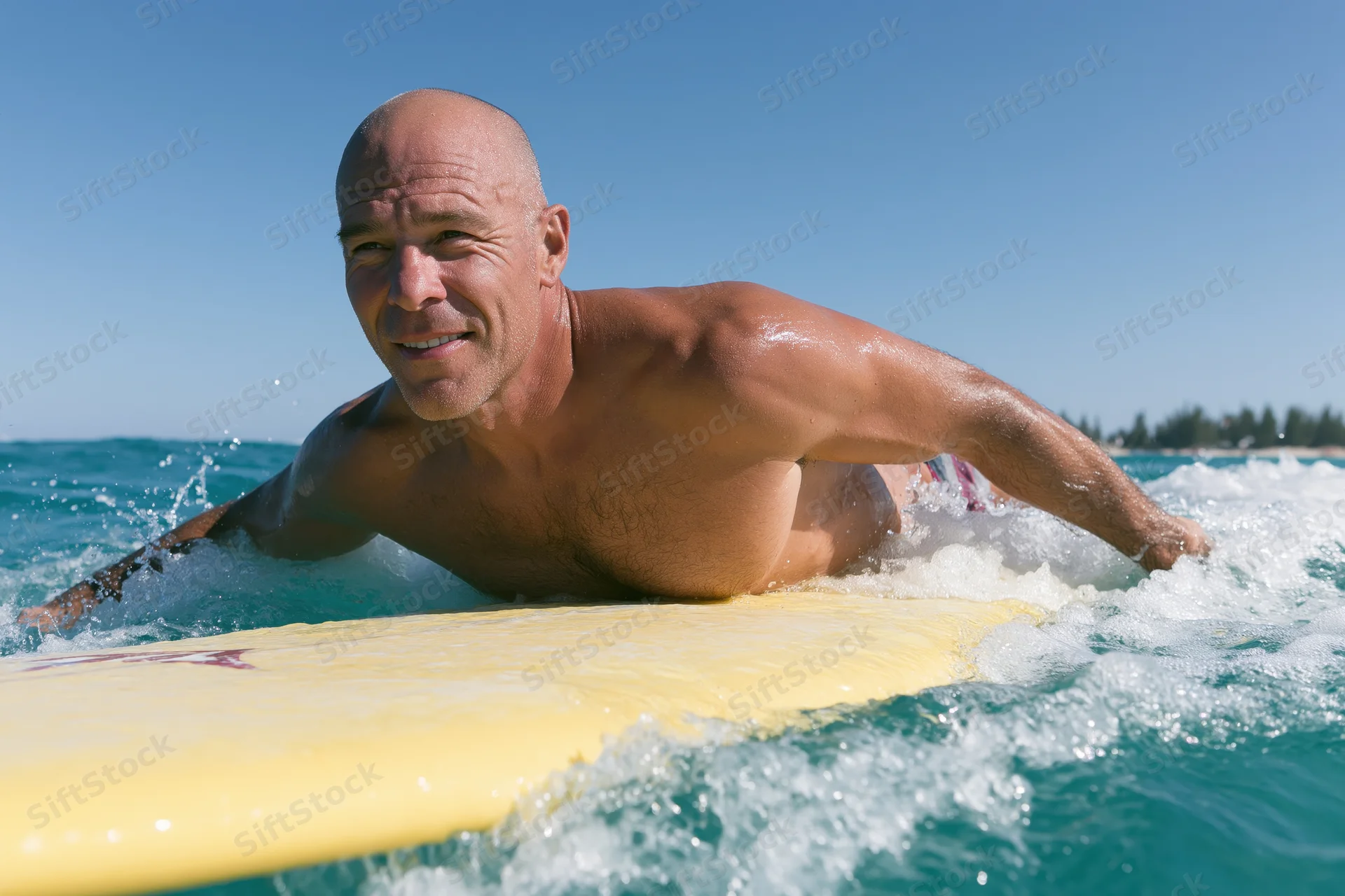 Bald middle-aged man paddling on yellow surfboard in ocean water