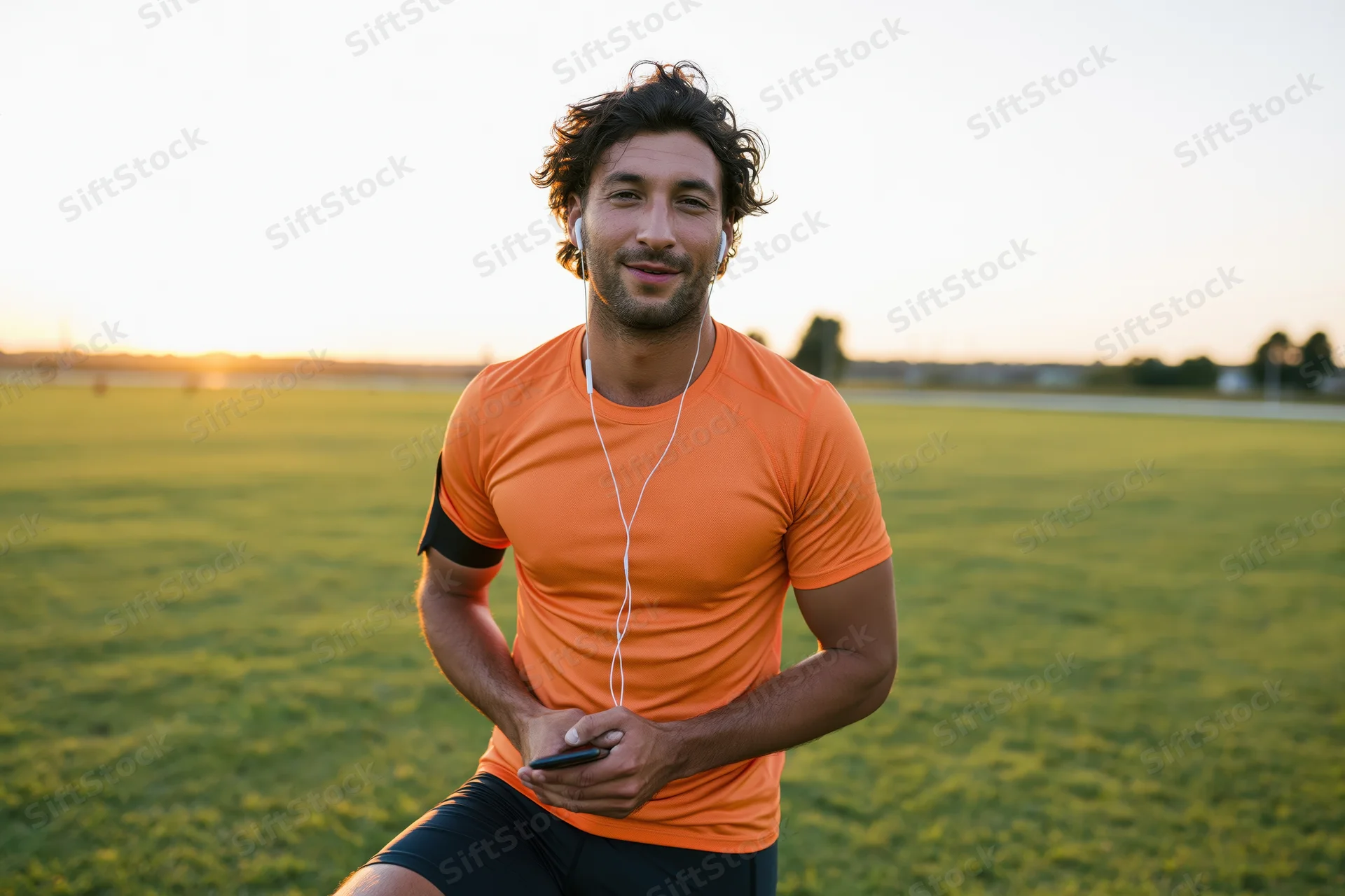 Man in orange tshirt and black shorts smiling while holding smartphone and earphones on grassy field at sunset