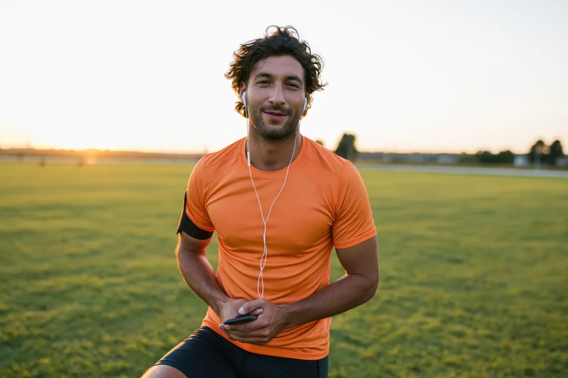 Man in orange tshirt and black shorts smiling while holding smartphone and earphones on grassy field at sunset