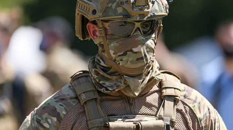 Soldier in camouflage uniform and tactical gear outdoors in daylight