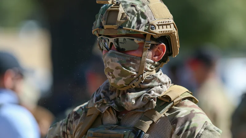 Soldier in camouflage uniform and tactical gear outdoors during daylight