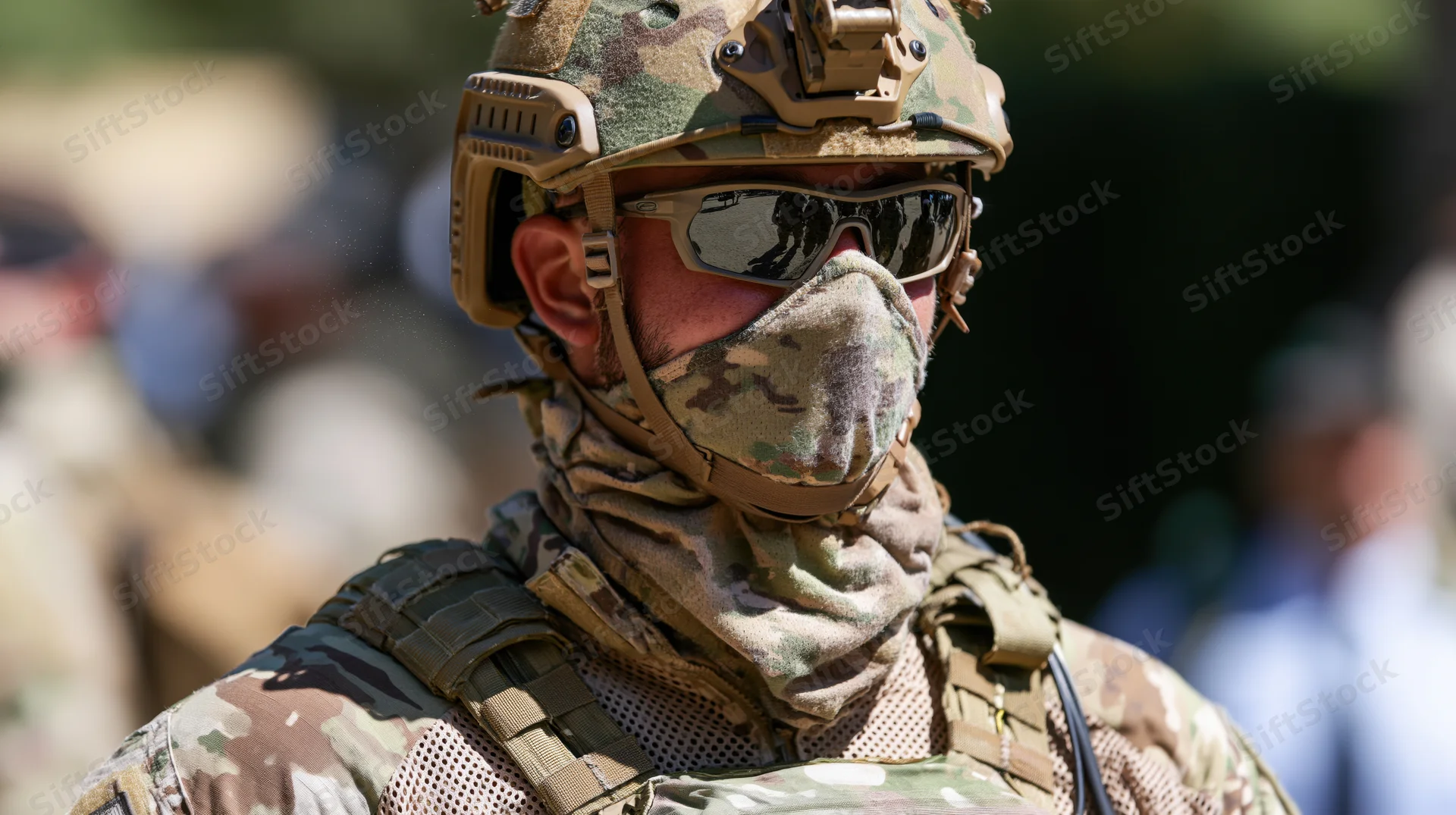 Soldier in camouflage uniform and tactical gear outdoors during daytime training