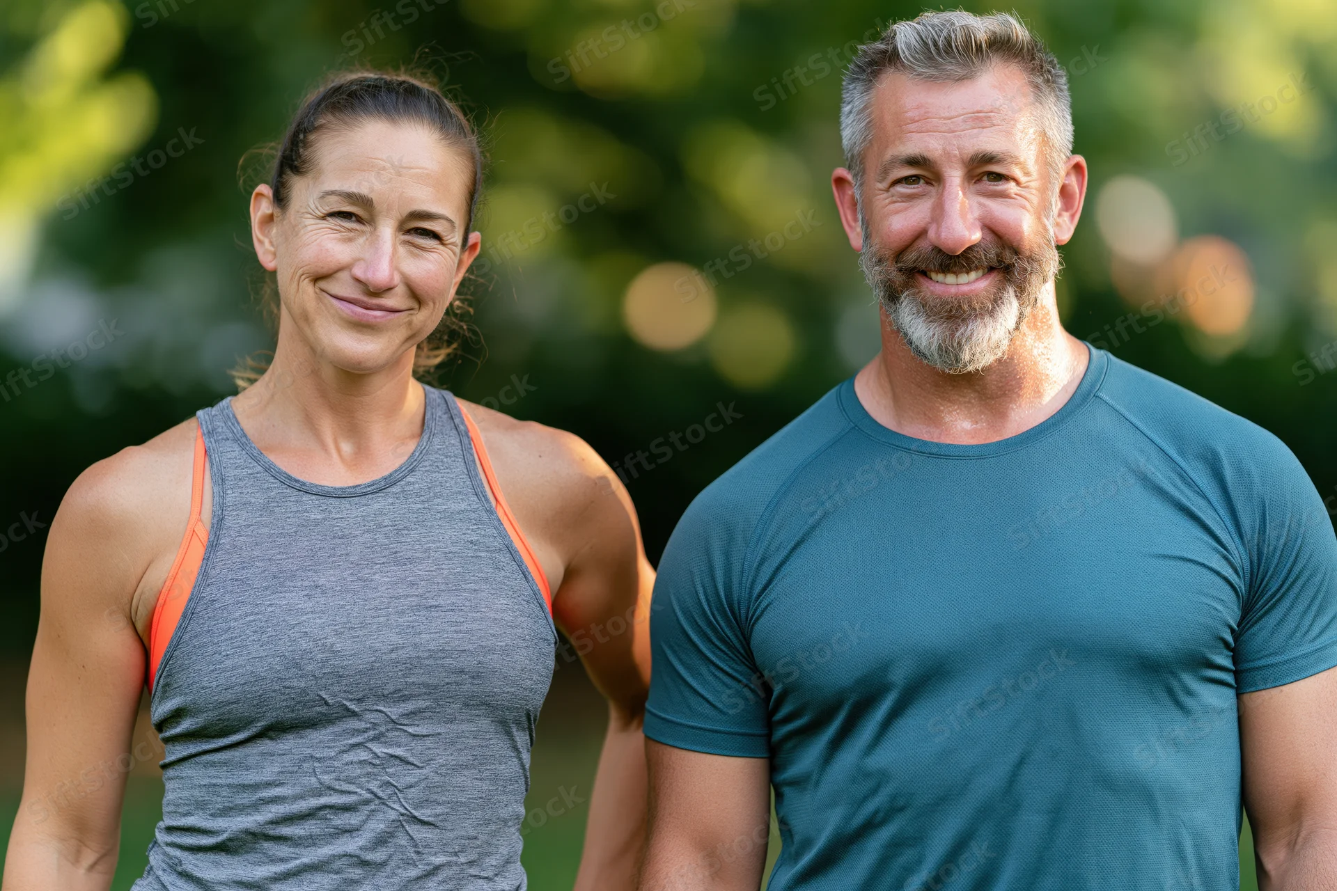 Fit woman and man smiling in sportswear outdoors