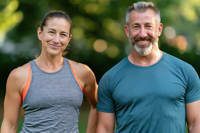 Fit woman and man smiling in sportswear outdoors