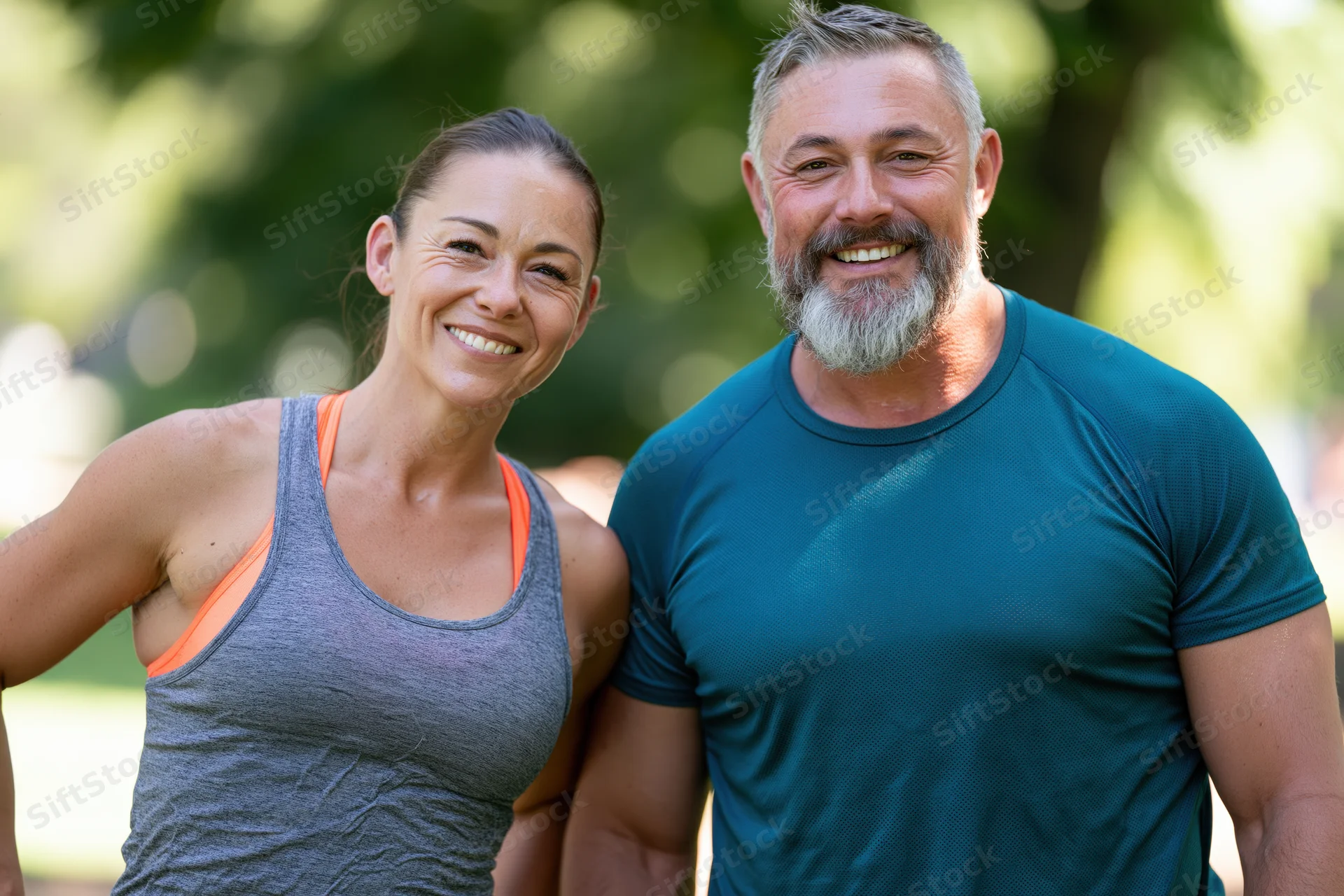 Fit woman and man smiling together in a park wearing sportswear