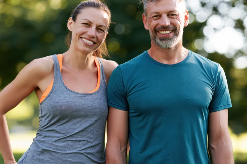 Fit woman and man smiling together outdoors in sportswear