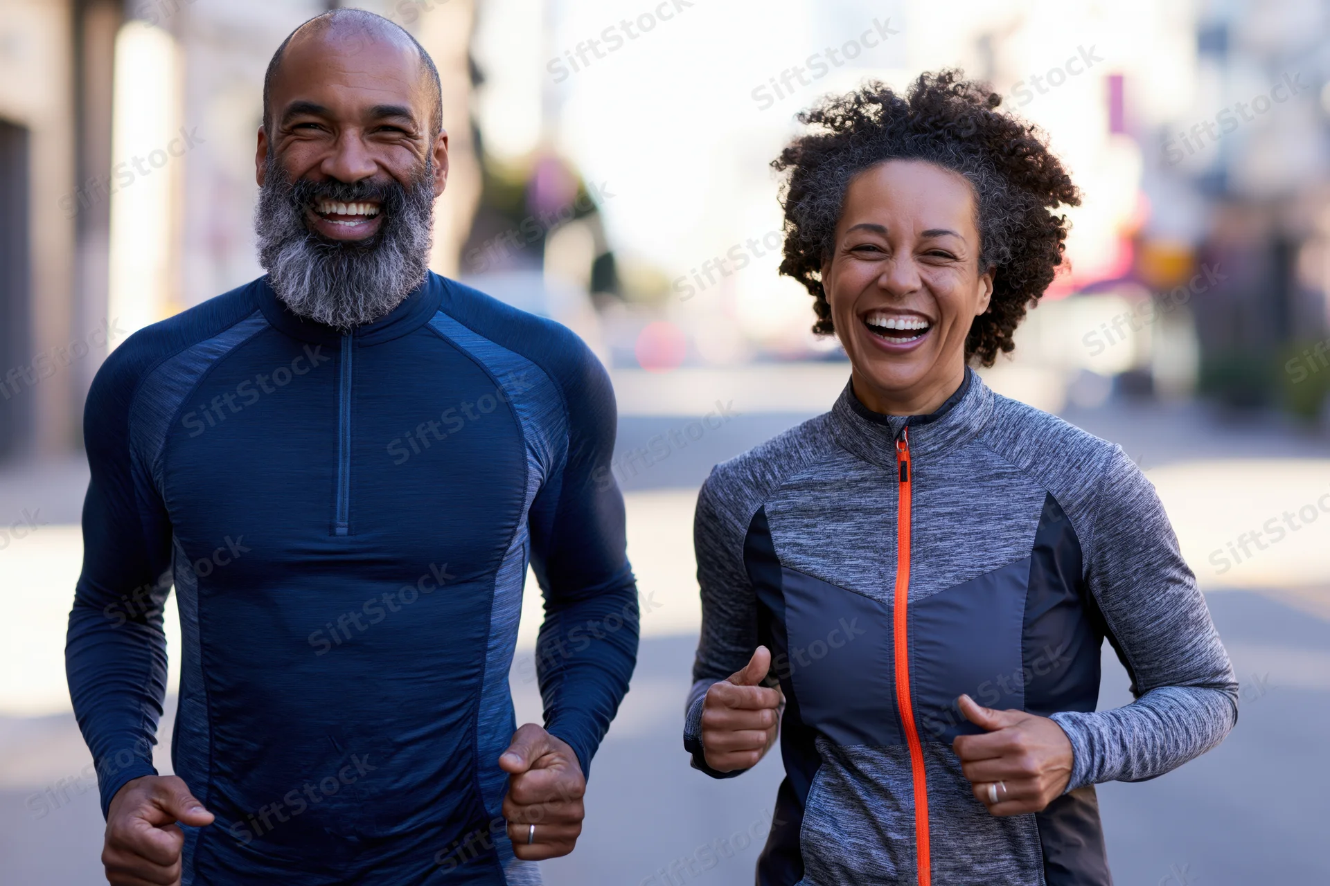 Smiling couple running together on city street in athletic wear