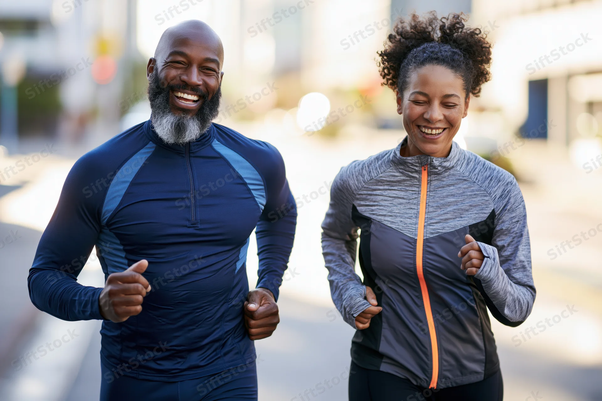 Smiling black couple jogging together on city street in athletic wear