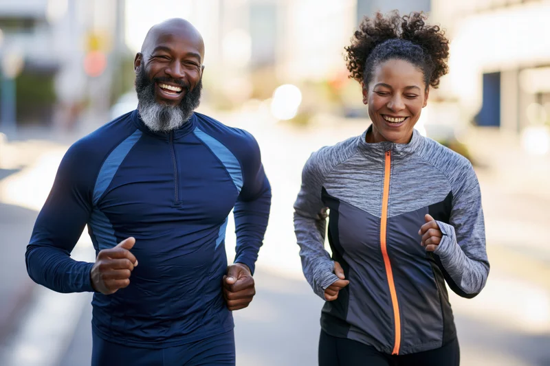 Smiling black couple jogging together on city street in athletic wear