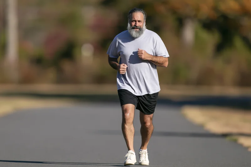 Senior man running on a paved path outdoors