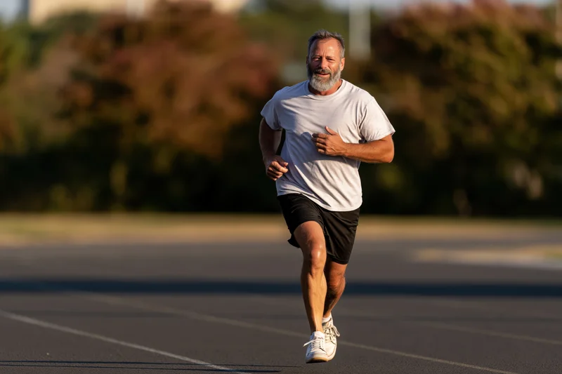 Senior man running on paved track outdoors during golden hour