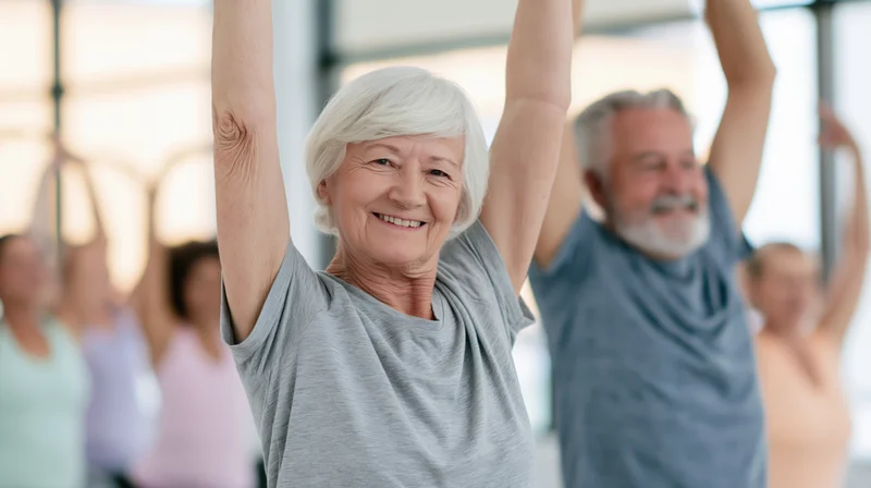 Elderly woman smiling with arms raised during group exercise class indoors