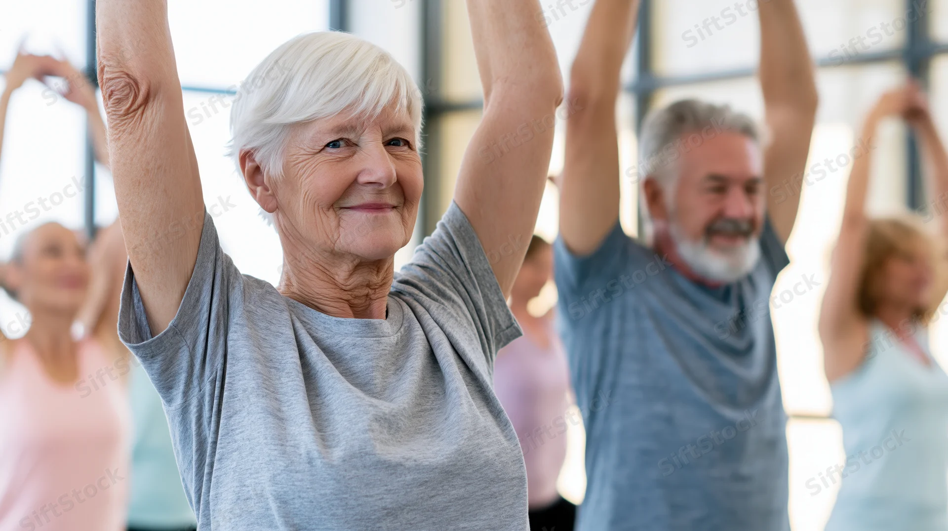 Senior woman stretching with arms raised in a group fitness class
