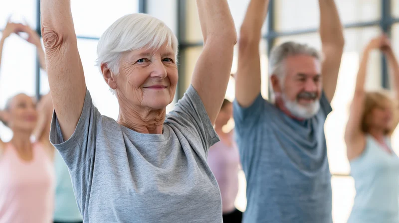Senior woman stretching with arms raised in a group fitness class