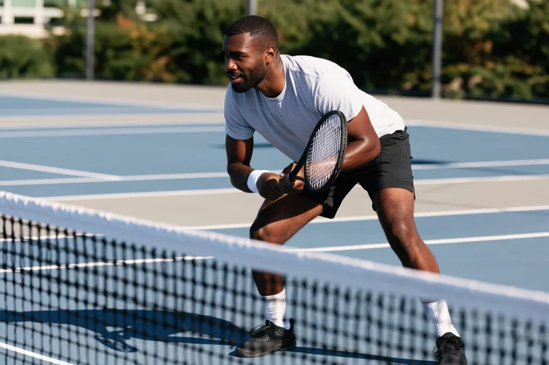 Black male tennis player in action on outdoor court holding racket near net